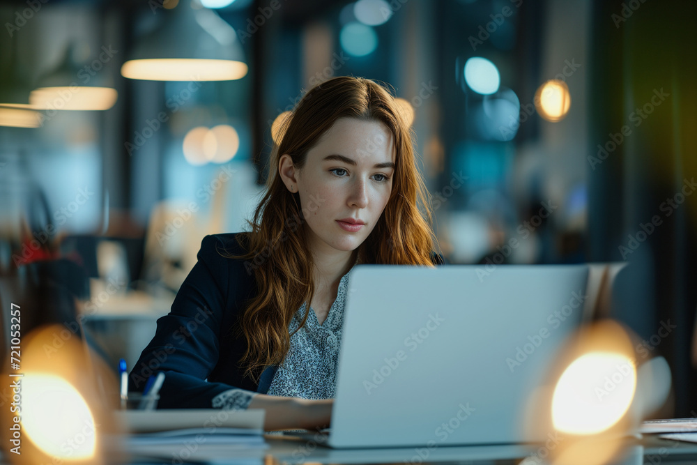 Focused Woman Working on Laptop in Office Focused Woman Working on Laptop in Office