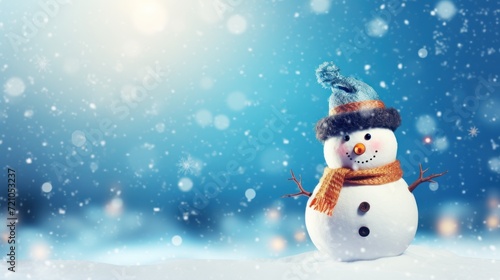 Snowman with scarf and hat on winter background. Christmas card. Generative AI