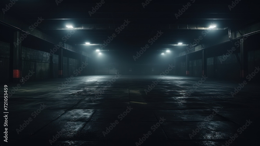 Empty warehouse interior with glowing lights. 3D Rendering. Blurry background Generative AI