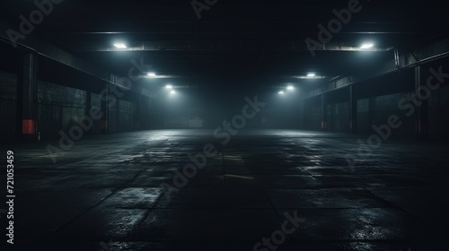 Empty warehouse interior with glowing lights. 3D Rendering. Blurry background Generative AI