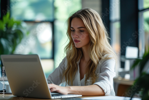 Focused Woman Working on Laptop in Office Free Download Focused Woman Working on Laptop in Office - GFXLoad