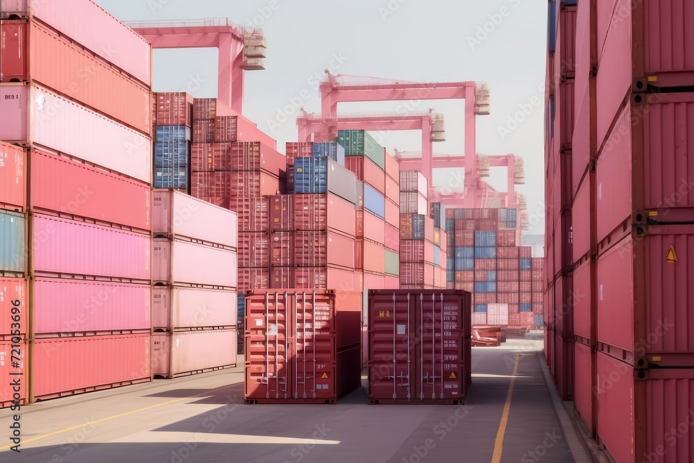 The industry RED container area bathed in a sea of striking red containers, creating a bold and vibrant visual symphony against the backdrop of industrial prowess. Generative AI.