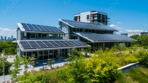 Modern Eco-Friendly Building with Solar Panels and Green Roof: Sustainable Architecture and Renewable Energy