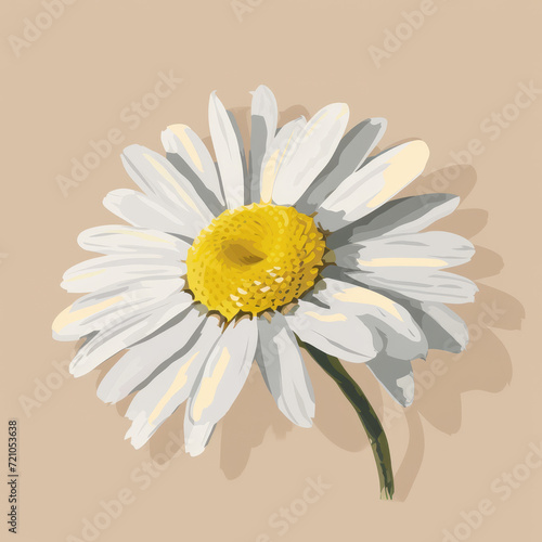 Realistic daisy flower with textured white petals and a detailed yellow center on a beige background.
