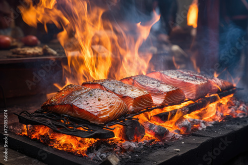 delicious flamed Salmon is smoked on open fire at Christmas street food market