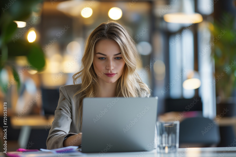 Focused Woman Working on Laptop in Office Focused Woman Working on Laptop in Office