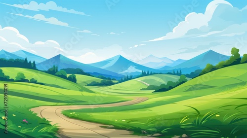 Mountain landscape with road and green grass. cartoon illustration. Generative AI