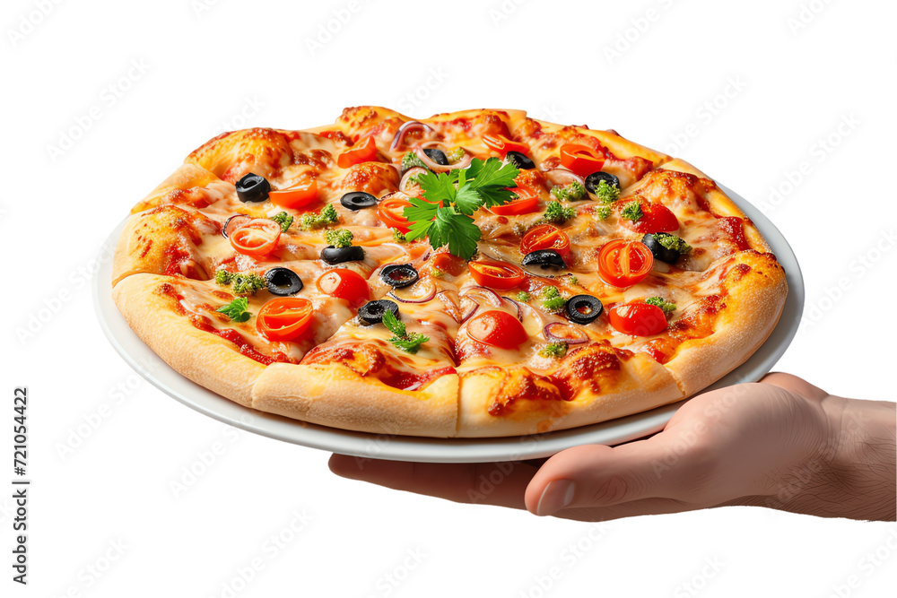 Isolated white background photo of a delicious pizza topped with salami and olives, featuring mozzarella, tomato sauce, and a crispy crust