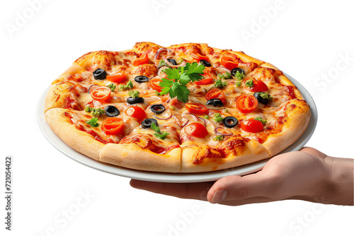 Isolated white background photo of a delicious pizza topped with salami and olives, featuring mozzarella, tomato sauce, and a crispy crust