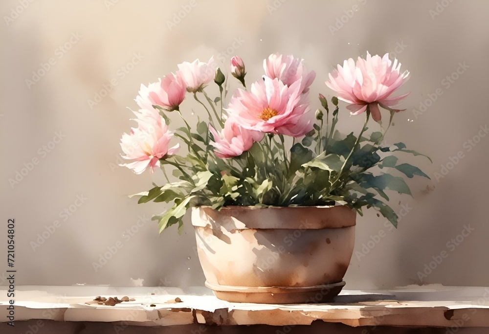 a brown flower pot holding pink flowers on top of a ledge a brown flower pot holding pink flowers on top of a ledge