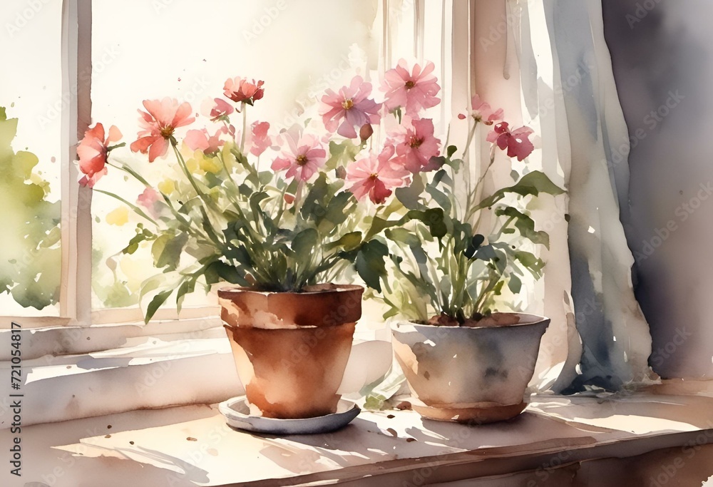 AI generated illustration of Colorful flowers on a sunny windowsill AI generated illustration of Colorful flowers on a sunny windowsill