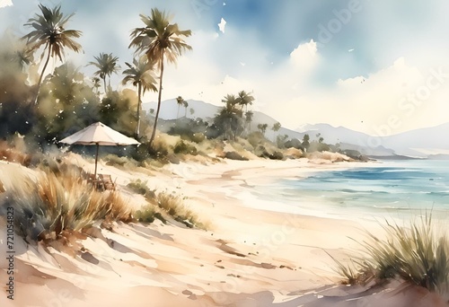 a watercolor painting of a tropical beach scene on the shore