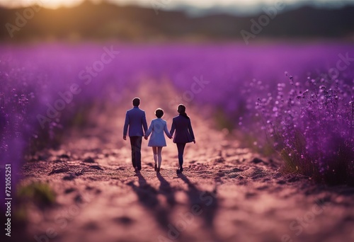 Valentine's Day purple field concept Couple people Runnig Miniature photo