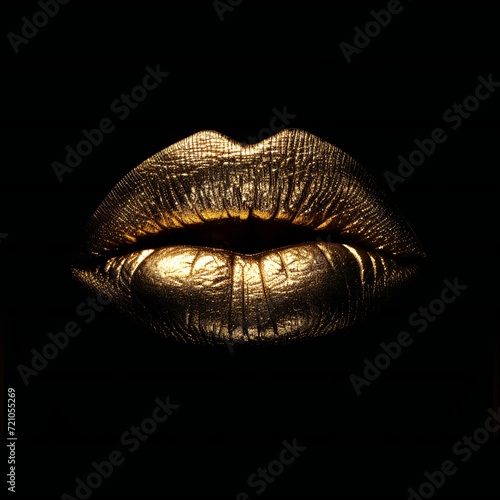 Abstract gold lips. Golden lips closeup. Gold metal art lip. Beautiful makeup. Golden lip gloss on beauty female mouth, closeup. Mouth Icon isolated on black
