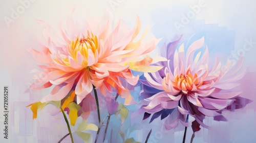 Colorful dahlia flowers on a white background. Digital painting. Generative AI