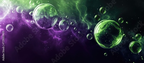 Colorful green and purple spheres on a dark background evoke space and the universe, with elements of science, cosmos, planets, dark matter, light and shadow, and artistic bubbles.