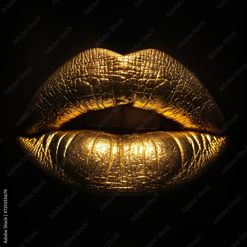 Abstract gold lips. Golden lips closeup. Gold metal art lip. Beautiful makeup. Golden lip gloss on beauty female mouth, closeup. Mouth Icon isolated on black - obrazy, fototapety, plakaty 