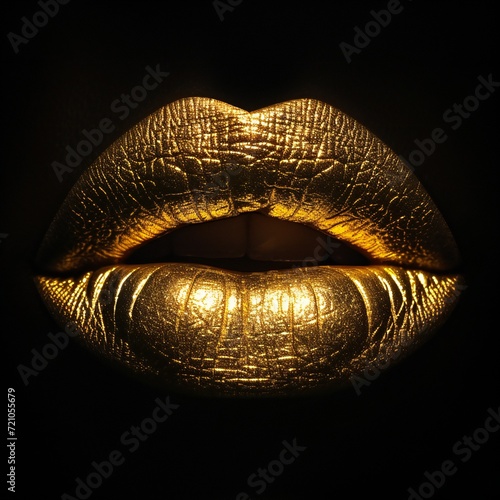 Abstract gold lips. Golden lips closeup. Gold metal art lip. Beautiful makeup. Golden lip gloss on beauty female mouth, closeup. Mouth Icon isolated on black photo