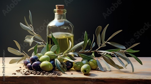 Fresh Olives and Olive Branches in Glass Bottle AI Generated