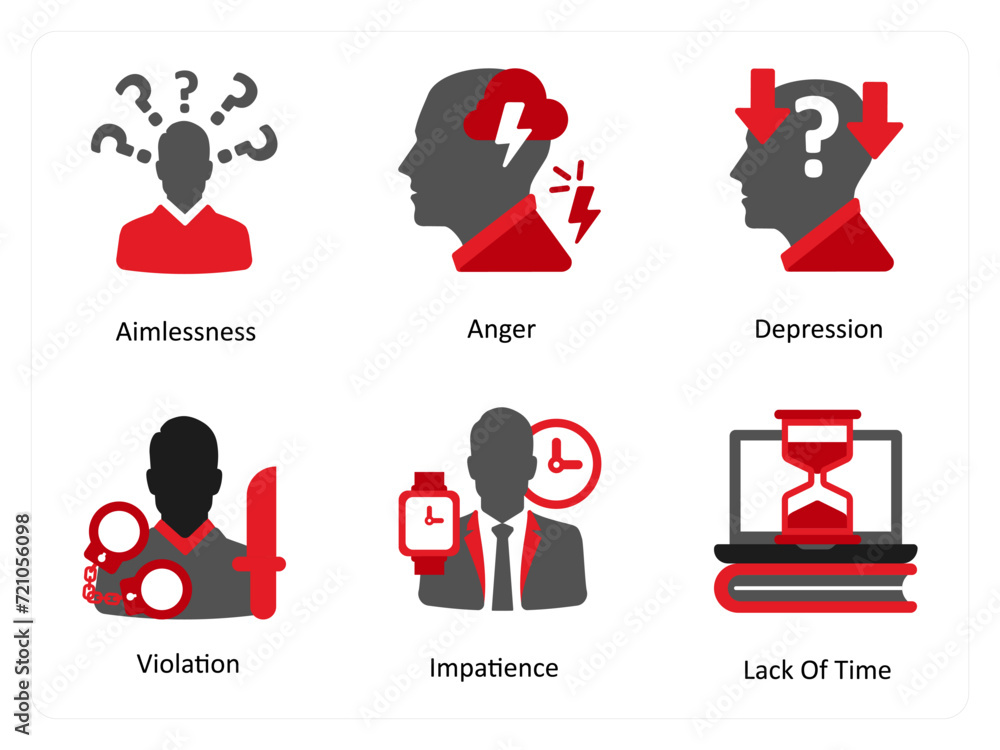 Six mix icons in red and black as aimlessness, anger, depression - obrazy, fototapety, plakaty 