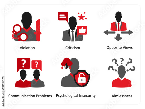 Six mix icons in red and black as violation, criticism, opposite views