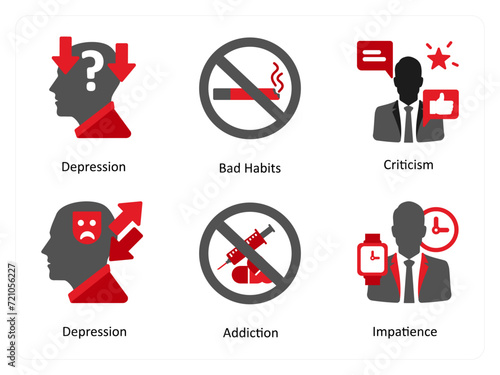 Six mix icons in red and black as depression, bad habits, criticism