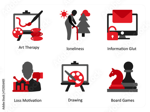 Six mix icons in red and black as art therapy, loneliness, information glut