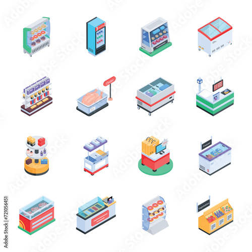 Set of 16 Supermarket Shelves Isometric Icons