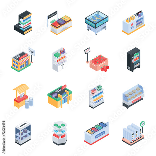 Collection of Store Counters Isometric Icons 