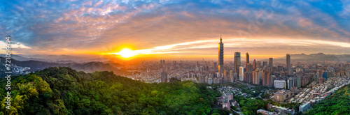 Panorama of Taipei cityscape at sunset in Taiwan.