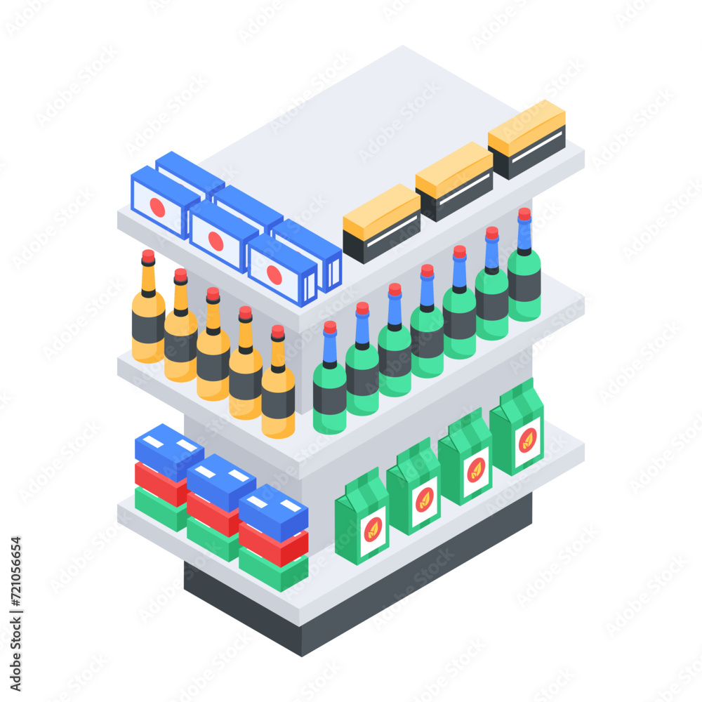 Handy isometric icon depicting supermarket shelves 