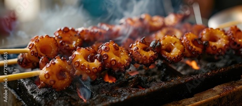 Octopus skewer is a popular street food at fresh markets in Japan, cooked on a traditional Japanese BBQ grill. photo