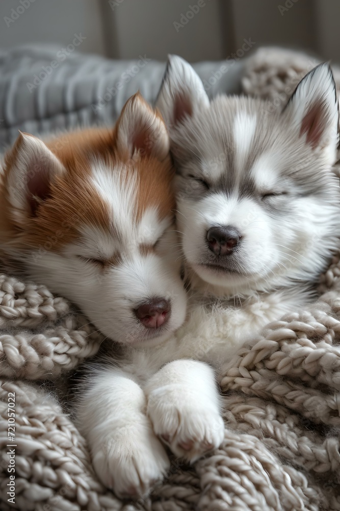 Two adorable husky puppies snuggling during nap time on a knitted blanket. tranquil and heartwarming scene. AI Two adorable husky puppies snuggling during nap time on a knitted blanket. tranquil and heartwarming scene. AI