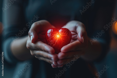 Woman hands touching with heart icon from, Heart valve disease, Heart muscle disease coronary photo