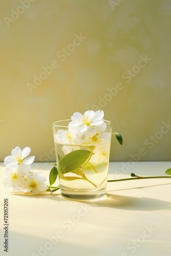 Refreshing Jasmine Flower Tea in a Glass on Table AI Generated