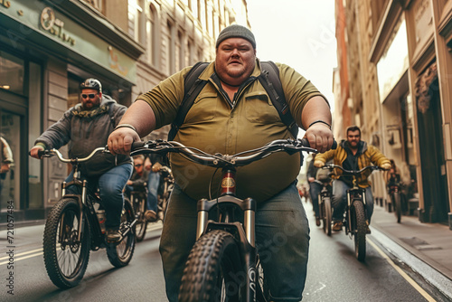 A group of fat overweight plus-size people riding bikes down a street in a big city. Fat man on foreground.