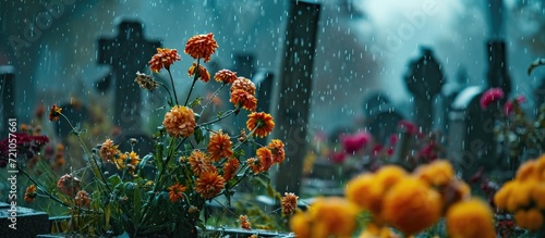 Fotografiet Rainy weather on All Saints' Day moistens the flowers on graves in the cemetery