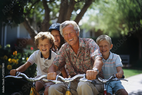 A group of family members riding bikes down a road in a park. Old man on bike on foreground.
