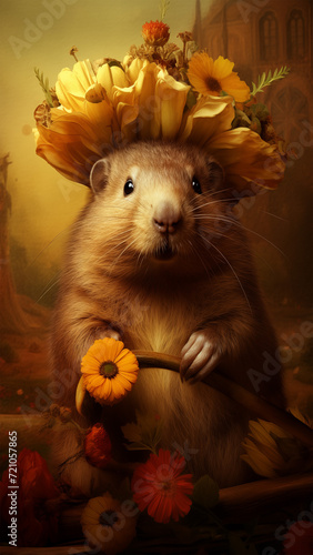 Beaver with followers on the head \wallpaper, background, AI generative Image

