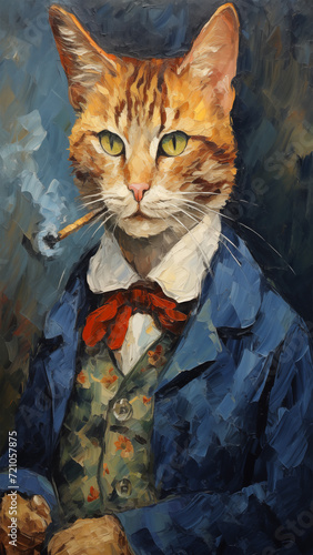 cat smoking Tabaco pipe art print, cat painting  Wallpaper, background, AI generative Image