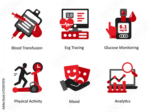 A set of 6 medical icons as blood transfusion, ecg tracing, glusose monitoring