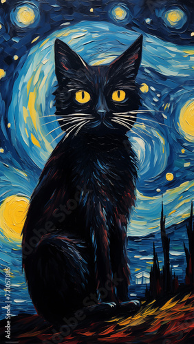 Black cat painting wallpaper with starry night Wallpaper, background, AI generative Image