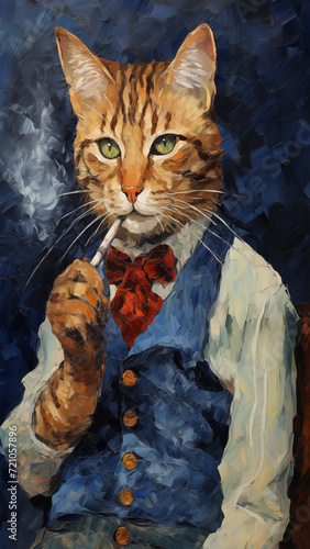 Smoking lover cat art, smoking cat painting Wallpaper, background, AI generative Image