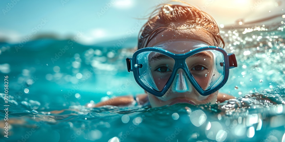 Active swimmer with goggles enjoying ocean swim. summer lifestyle, water sports, holiday adventure. clear blue water, bright day. AI