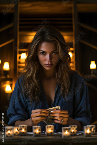 Young woman Seer fortune teller clairvoyant predicts the future with a cards on table.