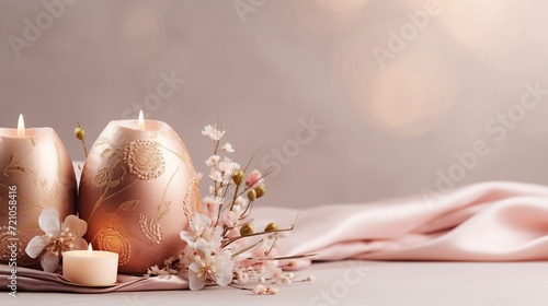 Gold and pink Easter Egg candles with spring flowers, Easter background concept