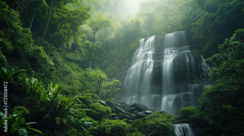 Beuatiful Waterfall in Lush Green Rainforest Morning time