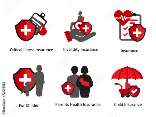 A set of 6 medical icons as critical illness insurance, invalidity insurance, insurance