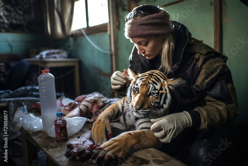 A woman wildlife biologists rehabilitator helps an injured little tiger.