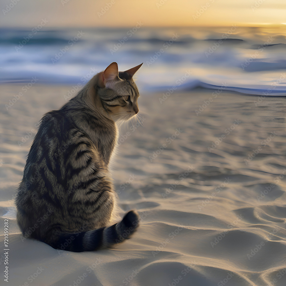 A cat is sitting on the beach watching the blue waves. A cat is sitting on the beach watching the blue waves.